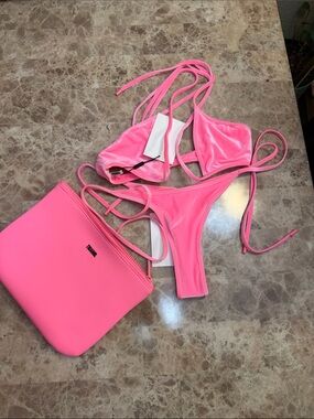triangl swimwear Neon Pink Velvet Triangle Bikini with Matching Pouch